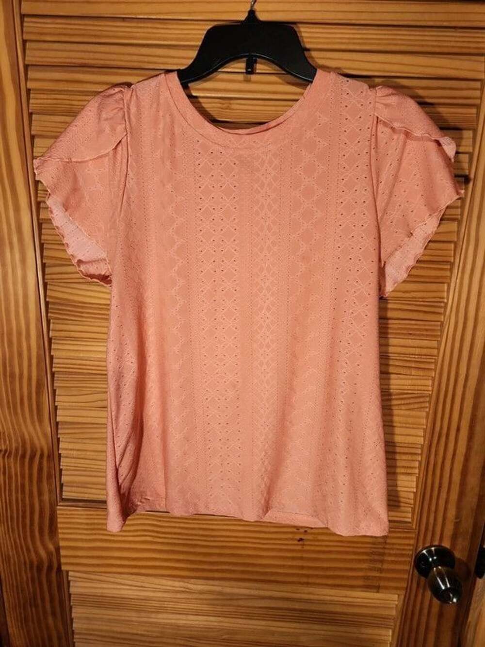 SHEIN. Peach Coral Eyelet Knit Petal Sleeve Top - Size Large